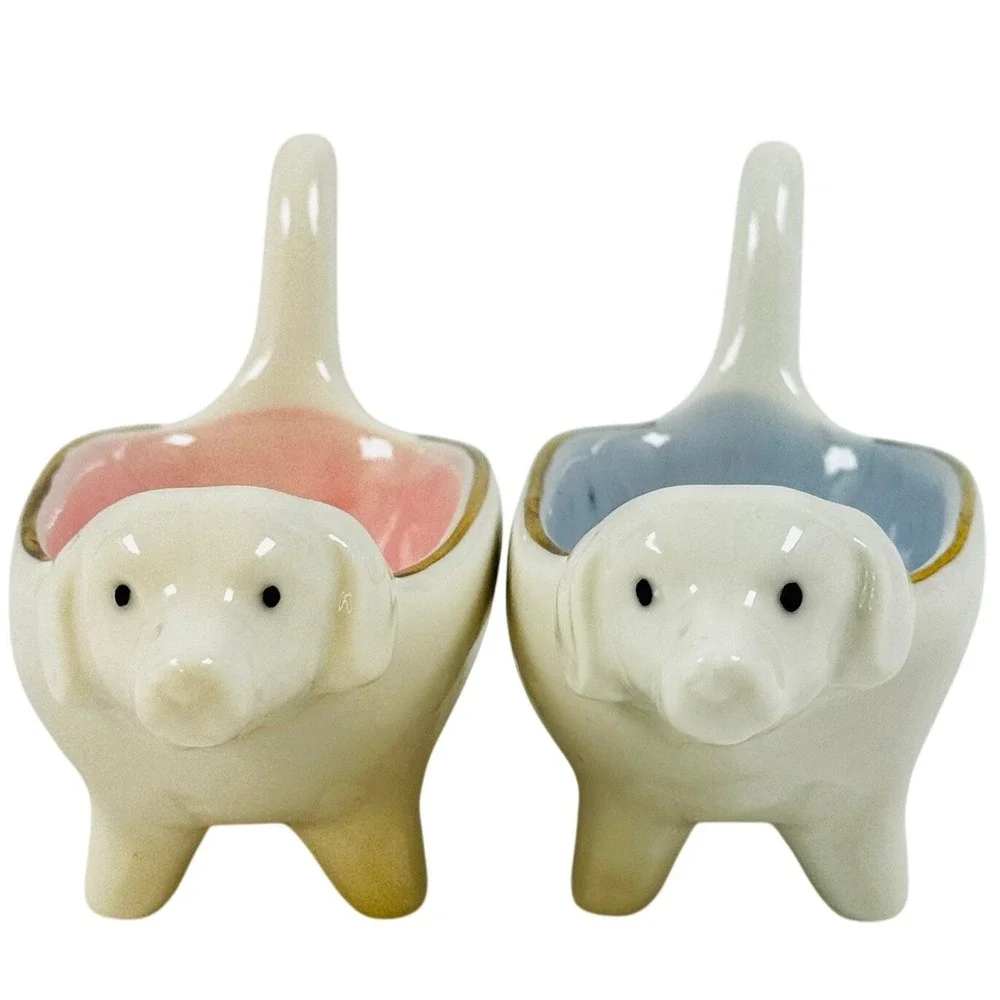 Ring Dish Dachshund Weenie White Lab Dog Ceramic 2 pc Pink Blue Pastel Goth CUTE